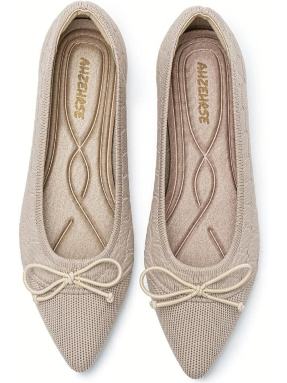 Women's Beige 1 Pointed Toe Ballet Flats Comfortable Knit Dressy Bow Flats Shoes